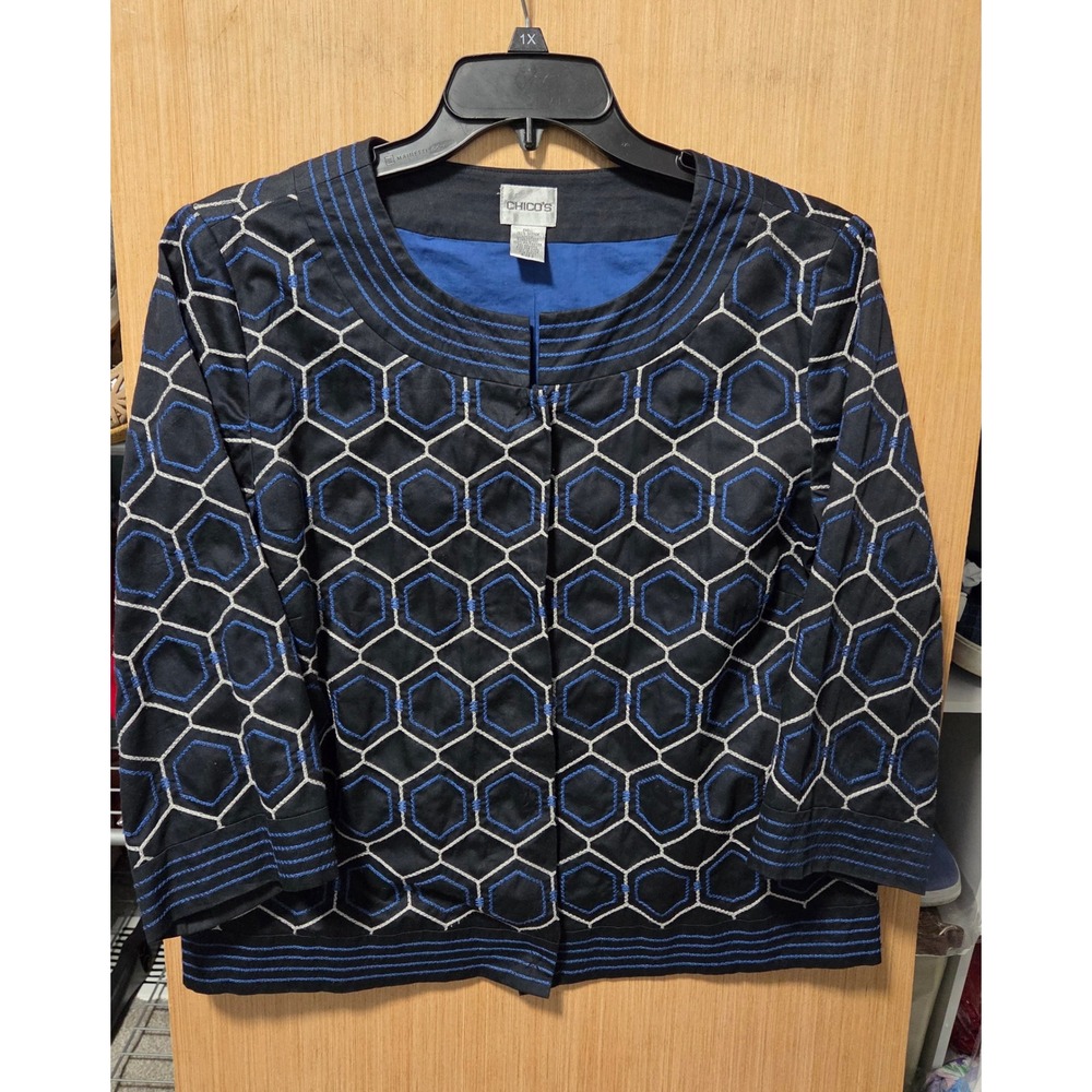 Chicos Sz 2 Women's Jacket Black Blue White Embroidered Geometric Cotton Lined